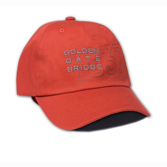 Orange baseball cap with embroidered and printed 1937 Golden Gate Bridge design on front panels.