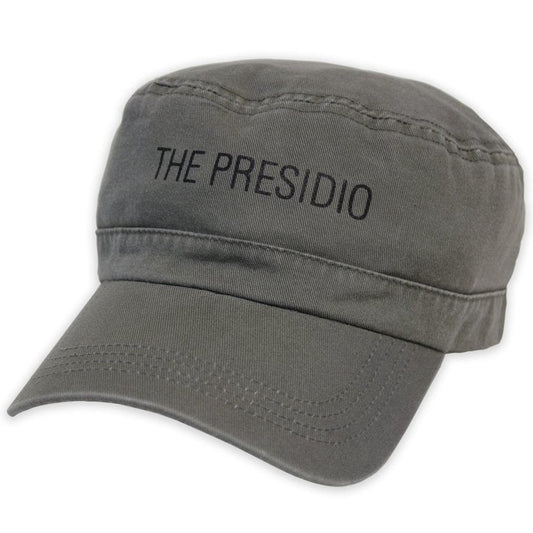 Olive drab military-style cap with The Presidio words screen-printed above brim.