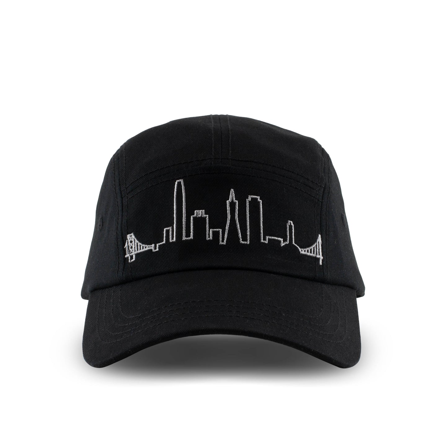 Black baseball cap with silver embroidered design of San Francisco's skyline on front panels.