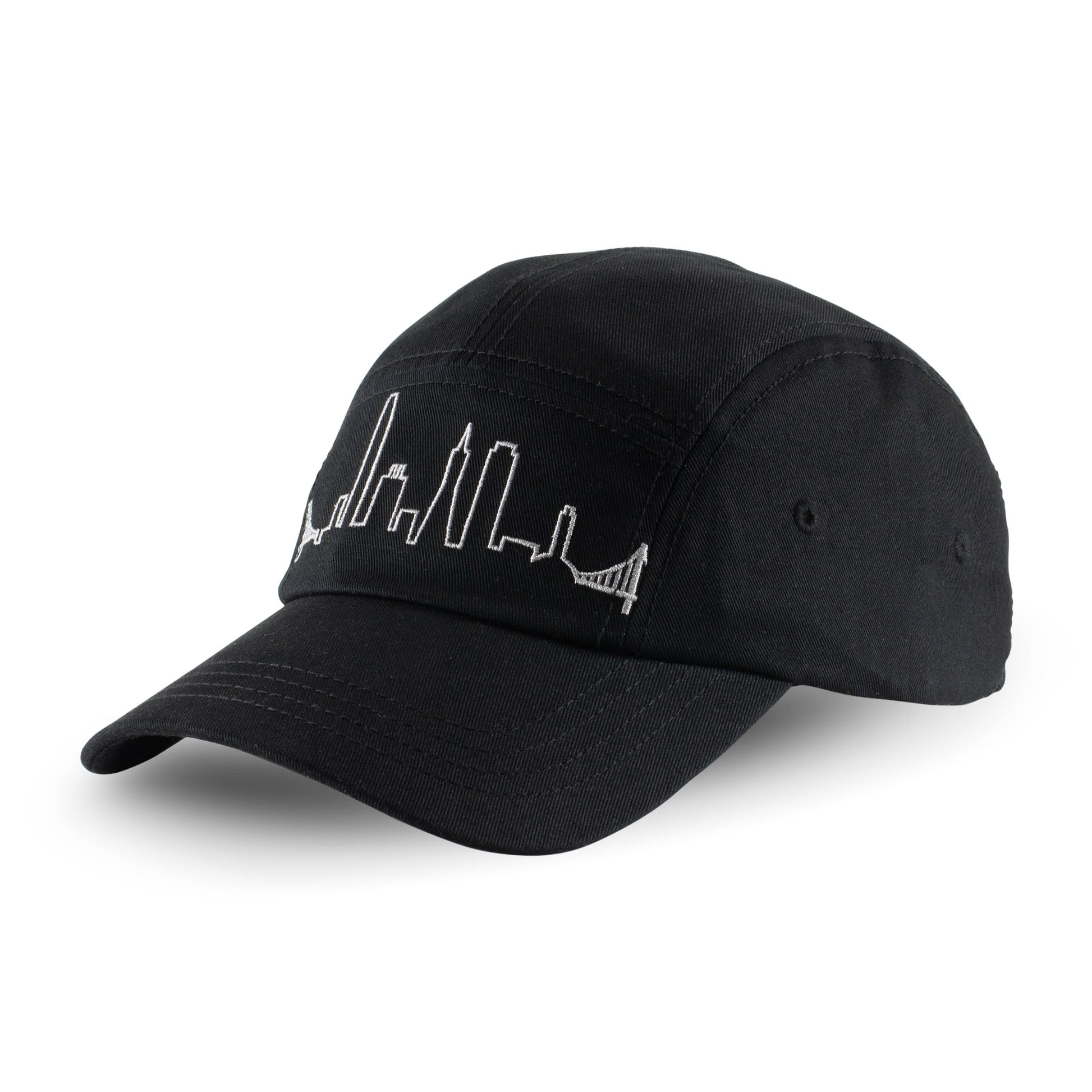 Black baseball cap with silver embroidered design of San Francisco's skyline on front panels.