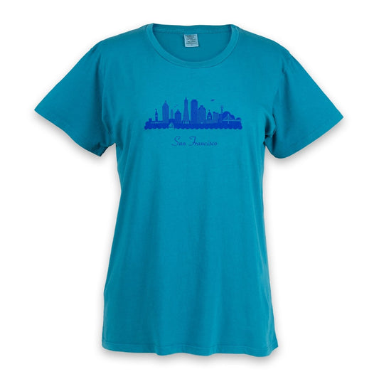 Aqua blue women's t-shirt with darker blue San Francisco skyline design screen-printed on chest.