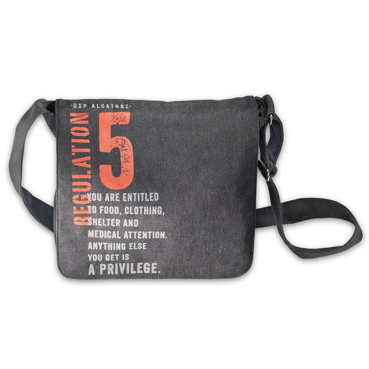 Grey messenger bag with red and white screen-printed design of Alcatraz Regulation 5 on front flap.