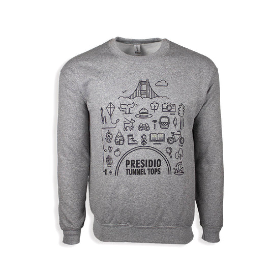 Heather grey crew neck sweatshirt with black screen-printed design of Presidio Tunnel Tops icons on chest.