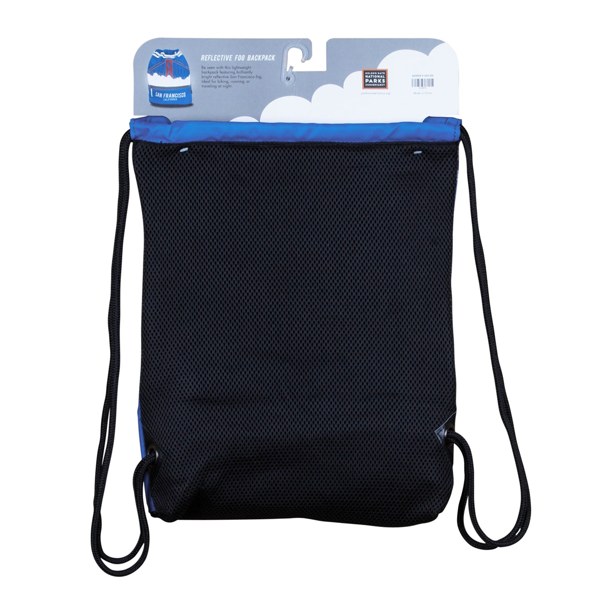 Blue drawstring backpack with orange Golden Gate Bridge design and reflective silver fog on body of bag.