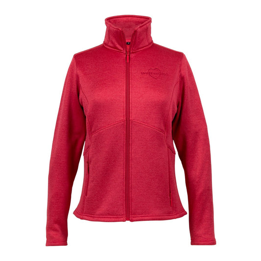 Red women's fleece jacket with embroidered San Francisco text and heart design on left breast.