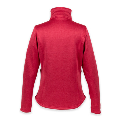 Red women's fleece jacket with embroidered San Francisco text and heart design on left breast.