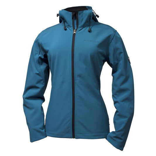 Teal blue women's softshell jacket with drawstring hood and embroidered Alcatraz Island text on left breast.