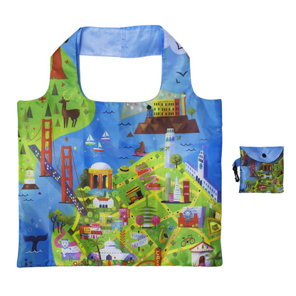 Brightly colored reusable tote bag with San Francisco map illustration and snap-closure pouch.