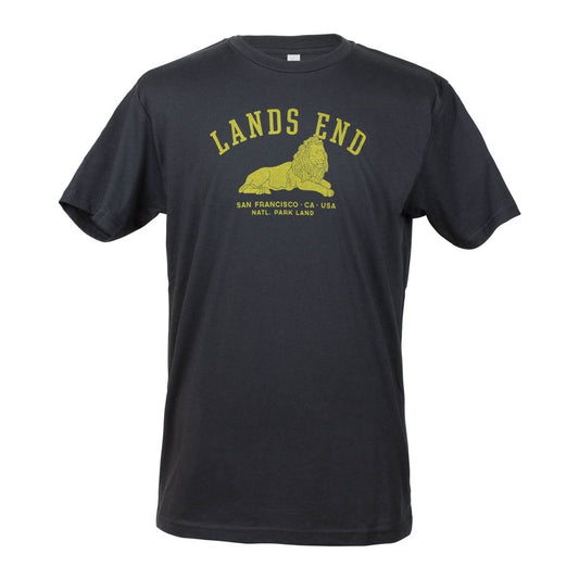 Black crew neck t-shirt with yellow illustration on chest, reclining lion with words "Lands End San Francisco CA USA Natl. Park Land".
