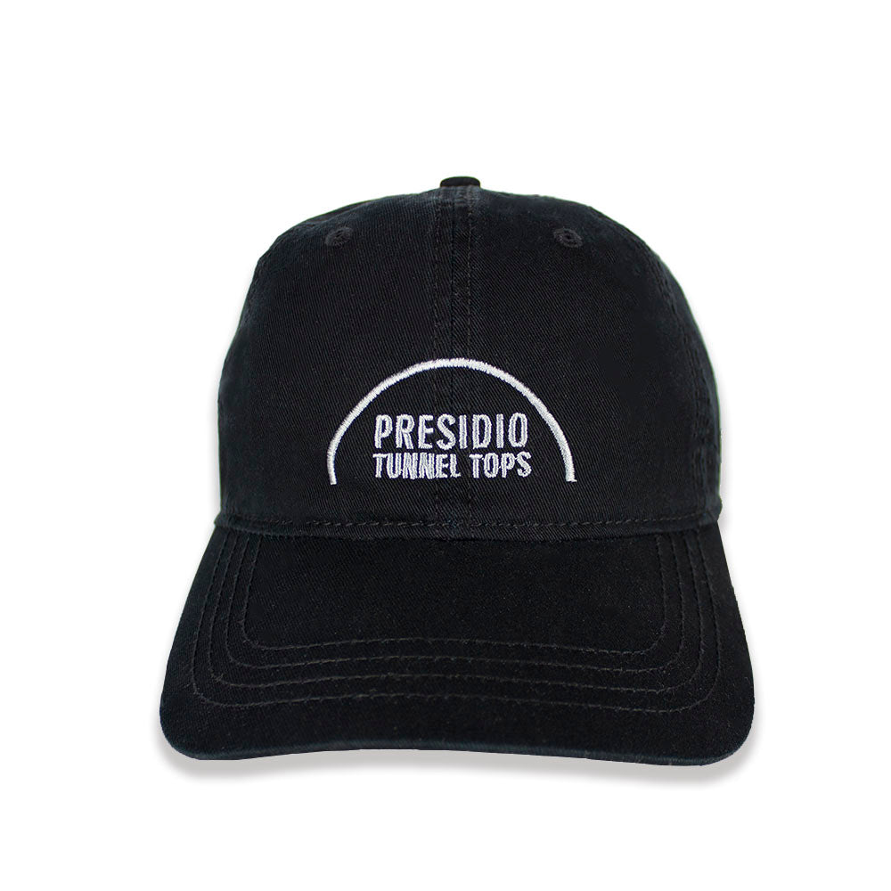 Black cotton baseball cap with embroidered text and design in white on front brim reading Presidio Tunnel Tops.