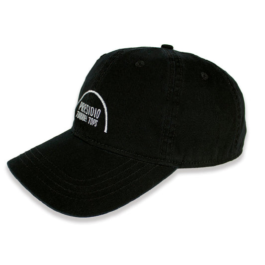 Black cotton baseball cap with embroidered text and design in white on front brim reading Presidio Tunnel Tops.