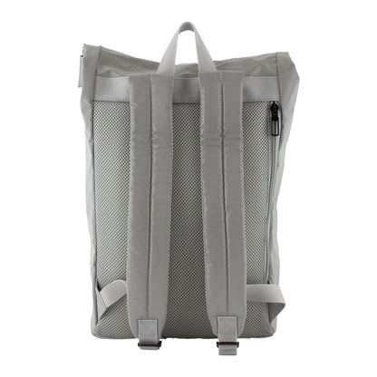 Reflective grey backpack with black and grey San Francisco Be Seen logo on front pocket.