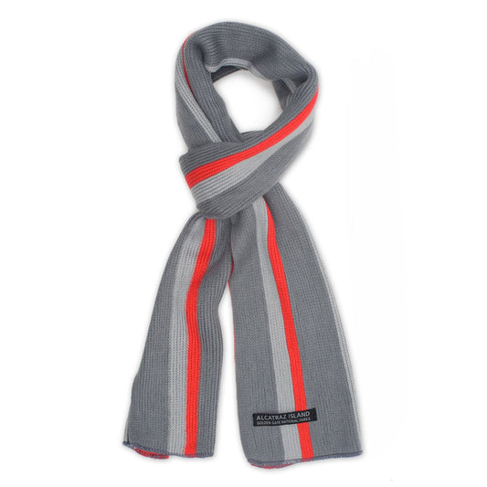 Multicolor grey and red striped knit scarf with Alcatraz Island Golden Gate National Parks woven patch label.