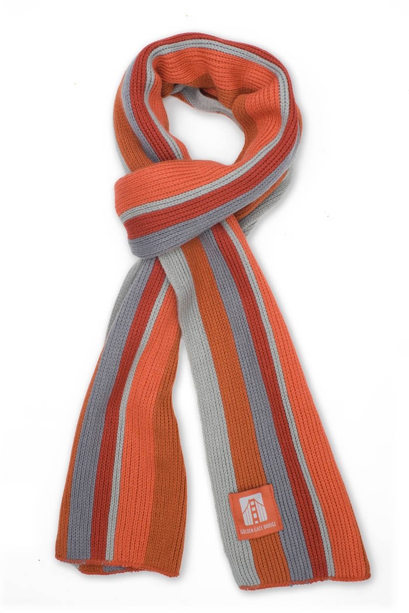 Multicolor grey and orange striped knit scarf with Golden Gate Bridge woven patch label.