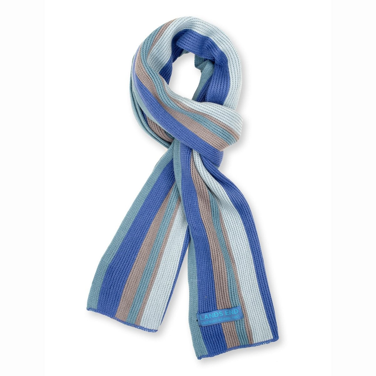 Multicolor blue, grey, and tan striped knit scarf with Lands End Golden Gate National Parks woven patch label.