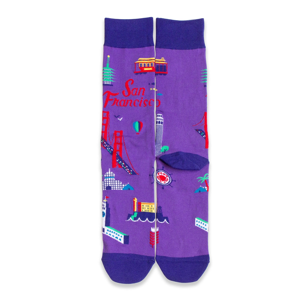 Purple novelty socks with multicolored designs of San Francisco landmarks, including Golden Gate Bridge and Alcatraz Island.