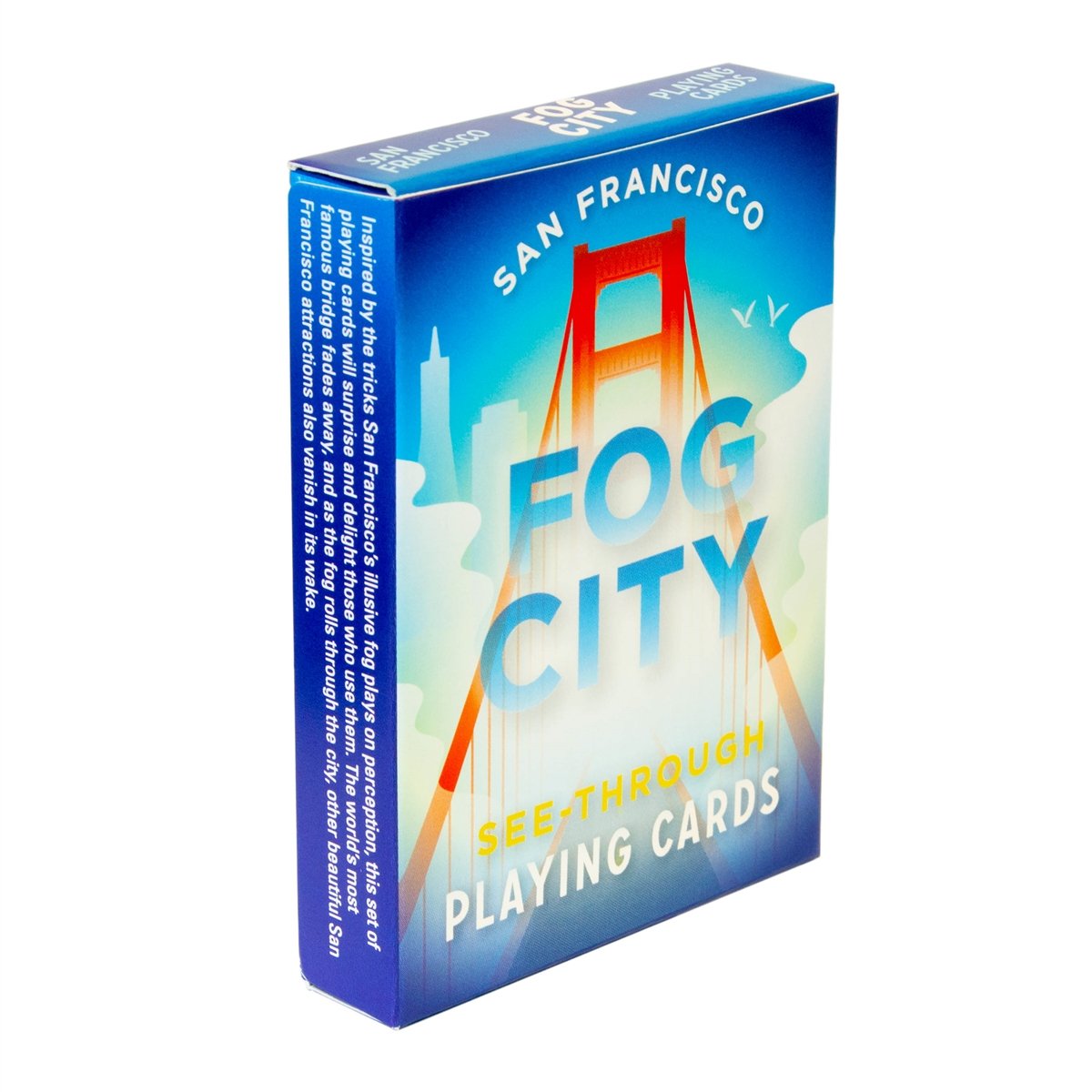Colorful San Francisco Fog City playing cards with disappearing city landmarks.