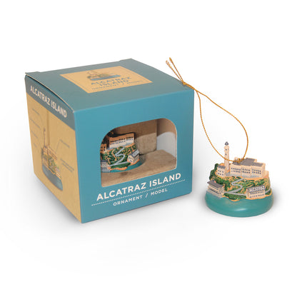 Hand-painted resin Alcatraz Island model ornament with gold thread ribbon and gift box.