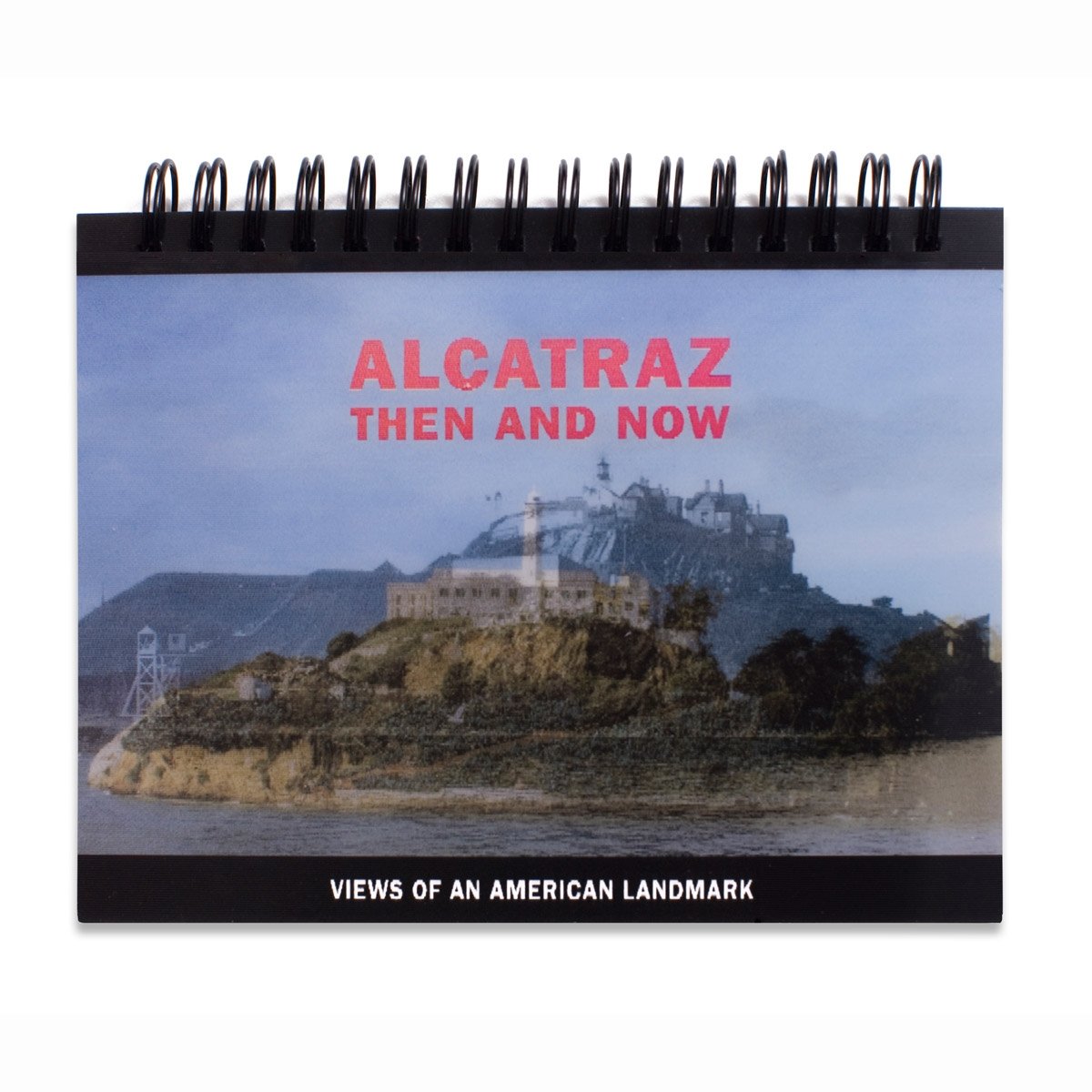 Alcatraz Then and Now lenticular book, featuring historical photographs of Alcatraz Island compared with modern day scenes.