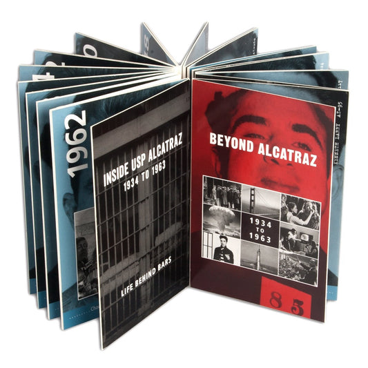 Beyond Alcatraz accordion book keepsake, includes 6-foot foldout timeline and historical photos.