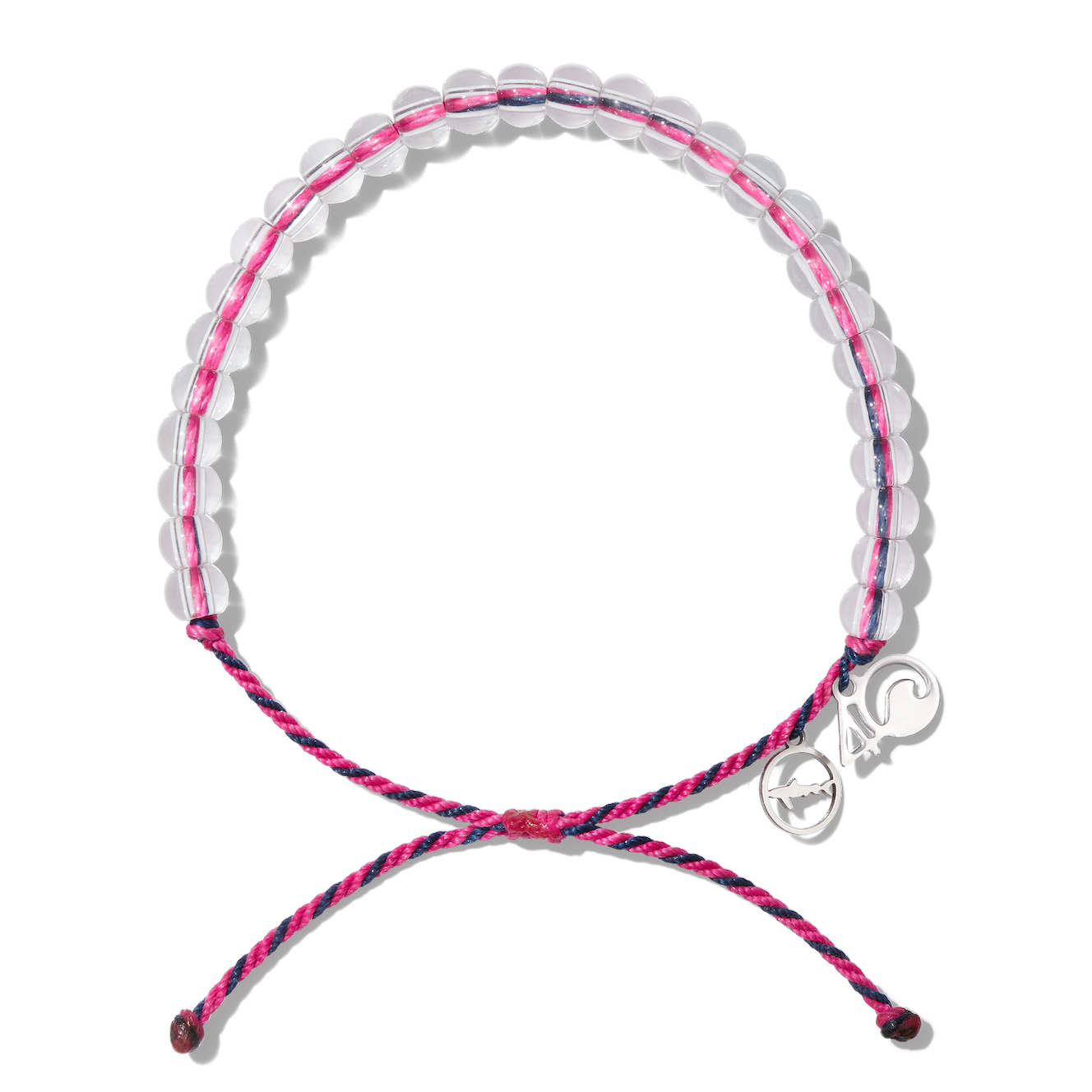 4Ocean Blue Shark Bracelet, with pink and black recycled plastic cord, colorless recycled glass beads, and recycled steel metal charms.
