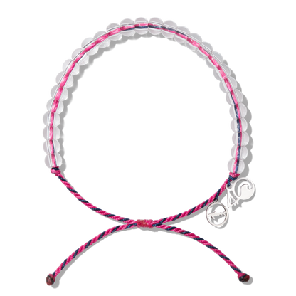 4Ocean Blue Shark Bracelet, with pink and black recycled plastic cord, colorless recycled glass beads, and recycled steel metal charms.