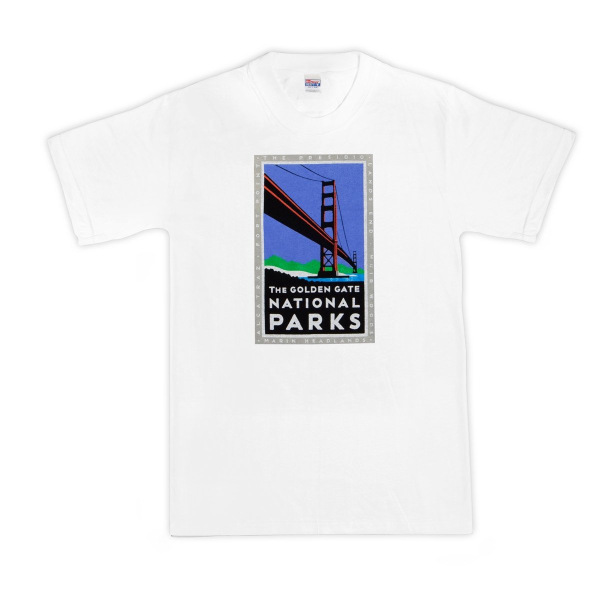 White kids t-shirt with colorful screen-printed Golden Gate National Parks Bridge design on chest. Artwork by Michael Schwab.