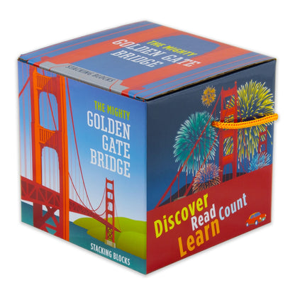 Multicolor Golden Gate Bridge stacking blocks, with illustrations of the bridge and a poem by Robert Lieber.