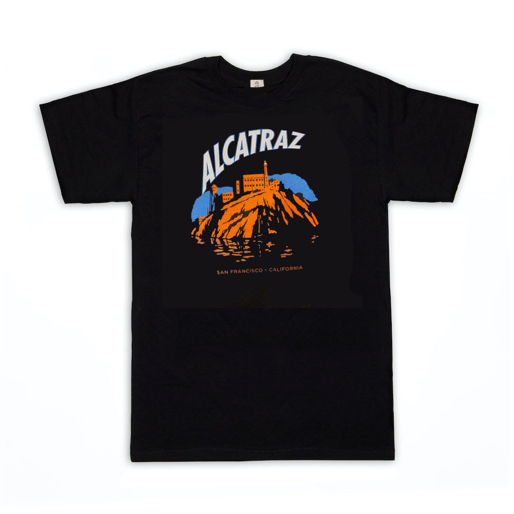 Kids Alcatraz at Night t-shirt, multi-color screen-printed illustration on black tee.