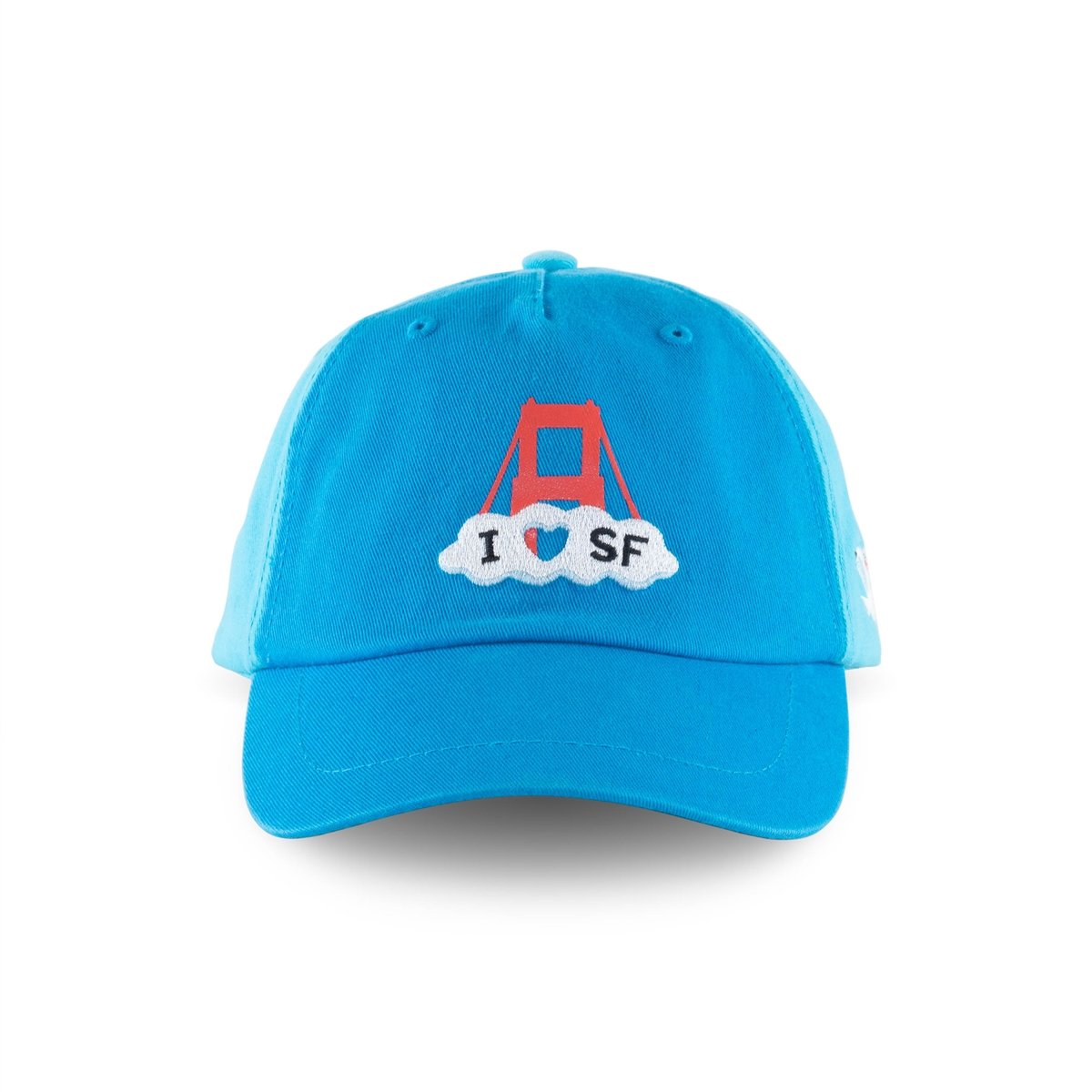 Light blue kids baseball cap with screen-printed and embroidered I Heart San Francisco and Golden Gate Bridge design details.