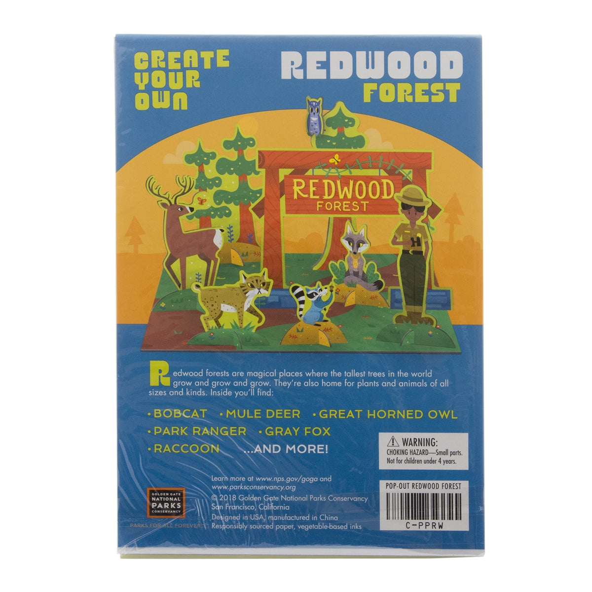 Flat-packed and packaged Redwood Forest Pop-out and Play kids activity kit, with puzzle pieces featuring colorful forest characters like a National Park Ranger, bobcat, deer, and raccoon.