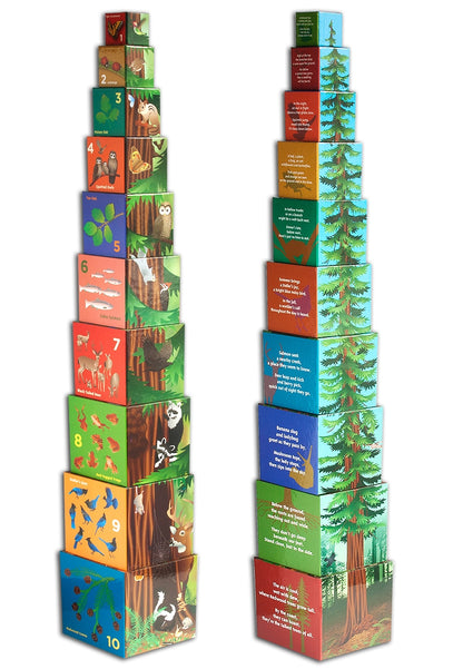 Multicolor Tallest Tree stacking blocks, with illustrations of California redwood forest plants and animals.