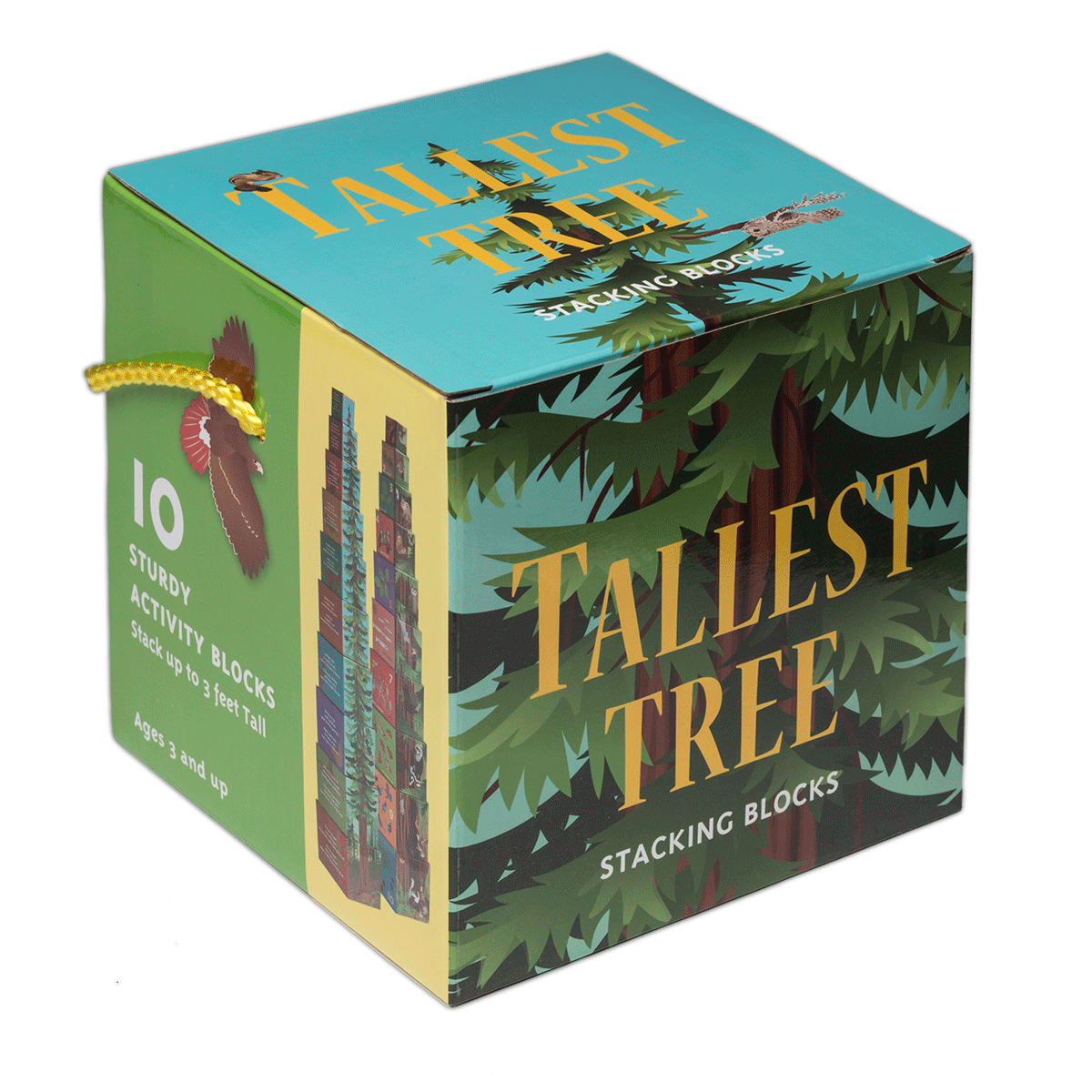 Gift box for tallest tree stacking blocks, with colorful illustrations of redwood forest. Text reads name of product and "10 sturdy activity blocks stack up to 3 feet tall Ages 3 and up".