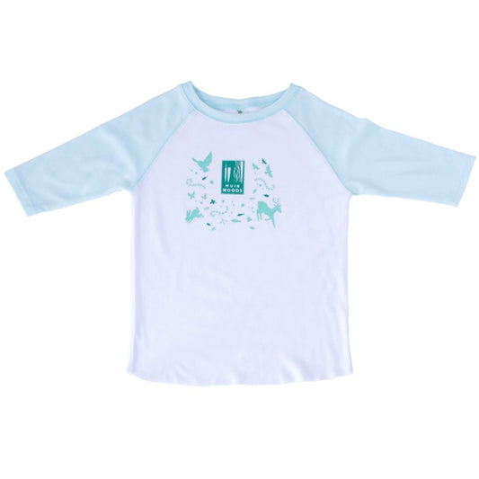 Seafoam green-and-white kids raglan t-shirt, with charming Muir Woods design on chest, featuring forest plants and animals.