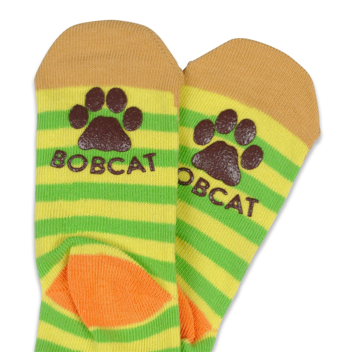 Multicolor striped yellow-green San Francisco Critter kids socks, with bobcat design and non-skid "tracks" feature on sole.