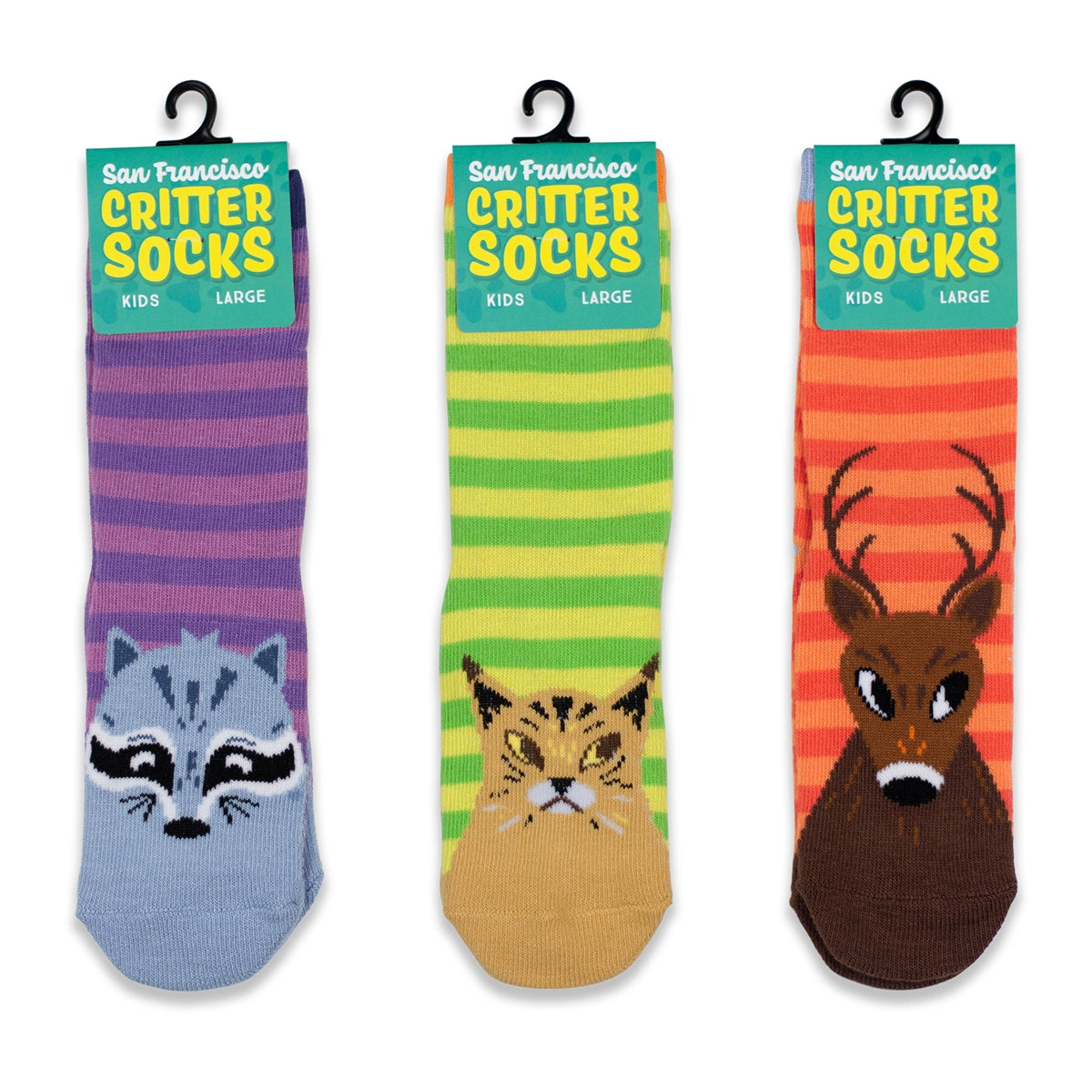 Multicolor striped yellow-green San Francisco Critter kids socks, with bobcat design and non-skid "tracks" feature on sole.