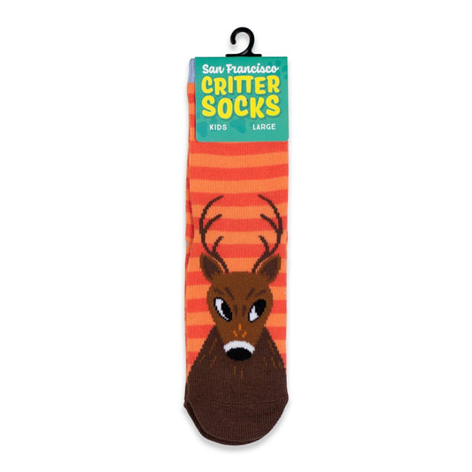 Multicolor striped orange-brown San Francisco Critter kids socks, with mule deer design and non-skid "tracks" feature on sole.