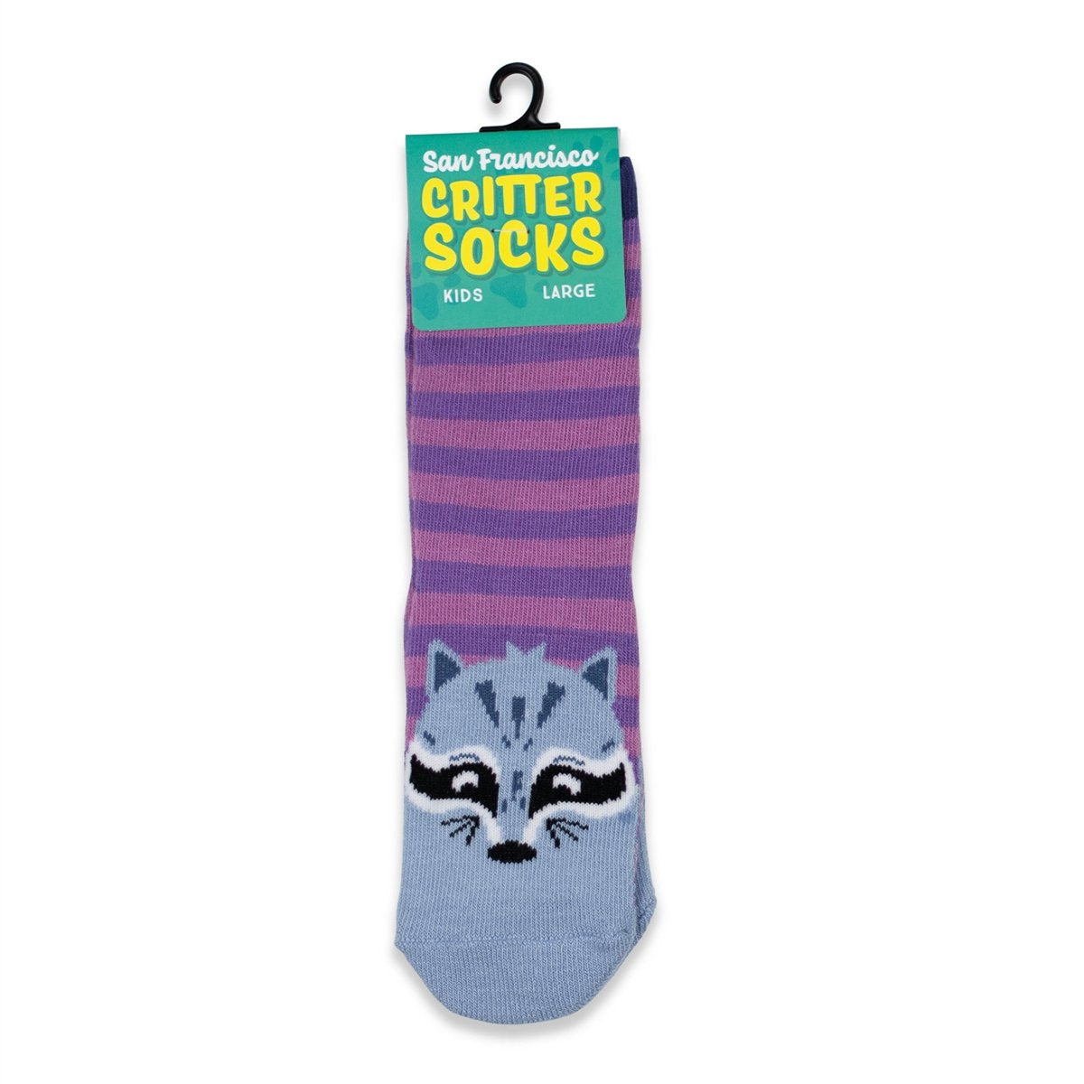 Multicolor striped blue-purple San Francisco Critter kids socks, with raccoon design and non-skid "tracks" feature on sole.
