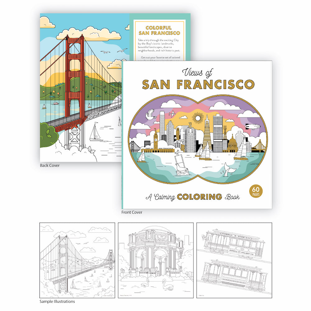 Front and back covers of “Views of San Francisco: A Calming Coloring Book” and three sample interior pages.