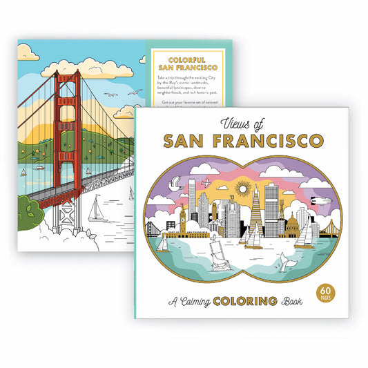 Front and back covers of “Views of San Francisco: A Calming Coloring Book” featuring whimsical illustrations of San Francisco landmarks.