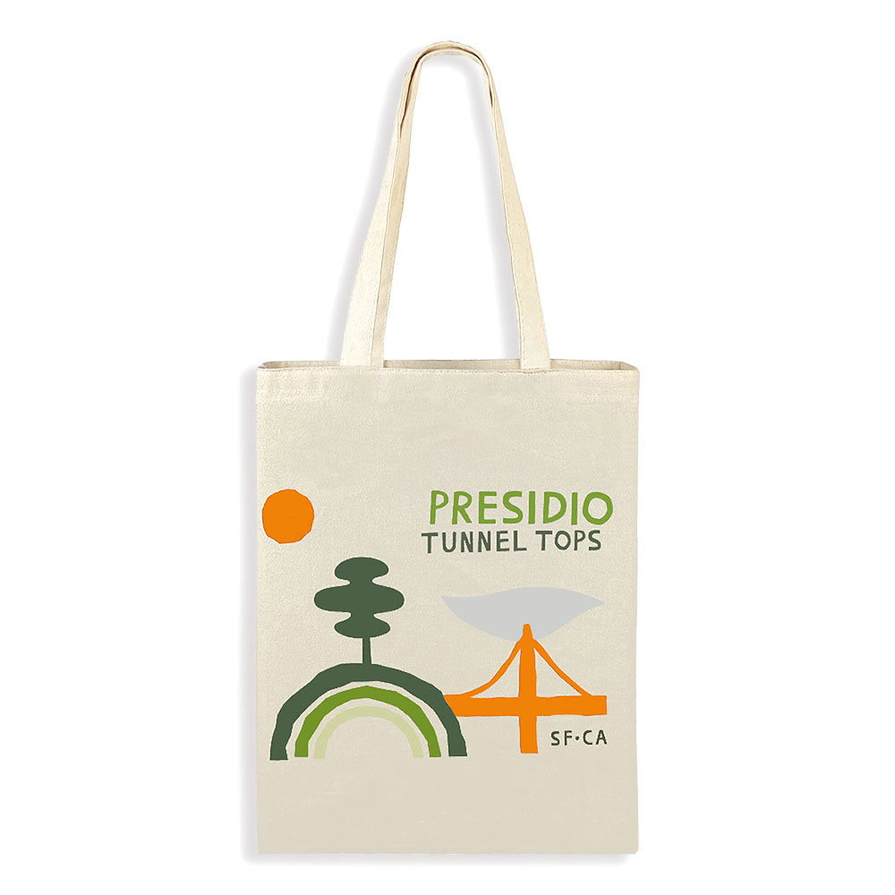 San Francisco Presidio Tunnel Tops tote bag, with multi-color screen-print design of Golden Gate Bridge and surrounding parklands.