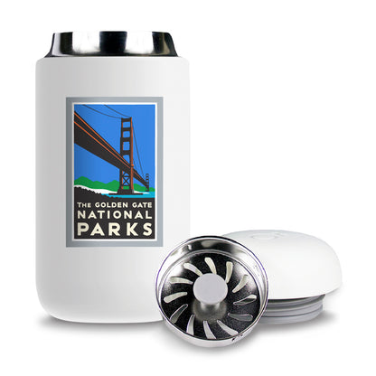 12-ounce Golden Gate National Parks travel mug made in partnership with Fellow, multicolor illustration of Golden Gate Bridge by Michael Schwab on white thermos