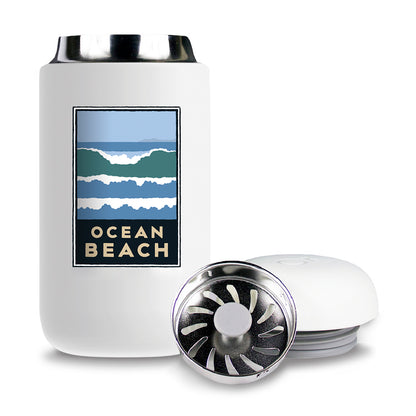 12-ounce Ocean Beach travel mug made in partnership with Fellow, multicolor illustration by Michael Schwab on white thermos