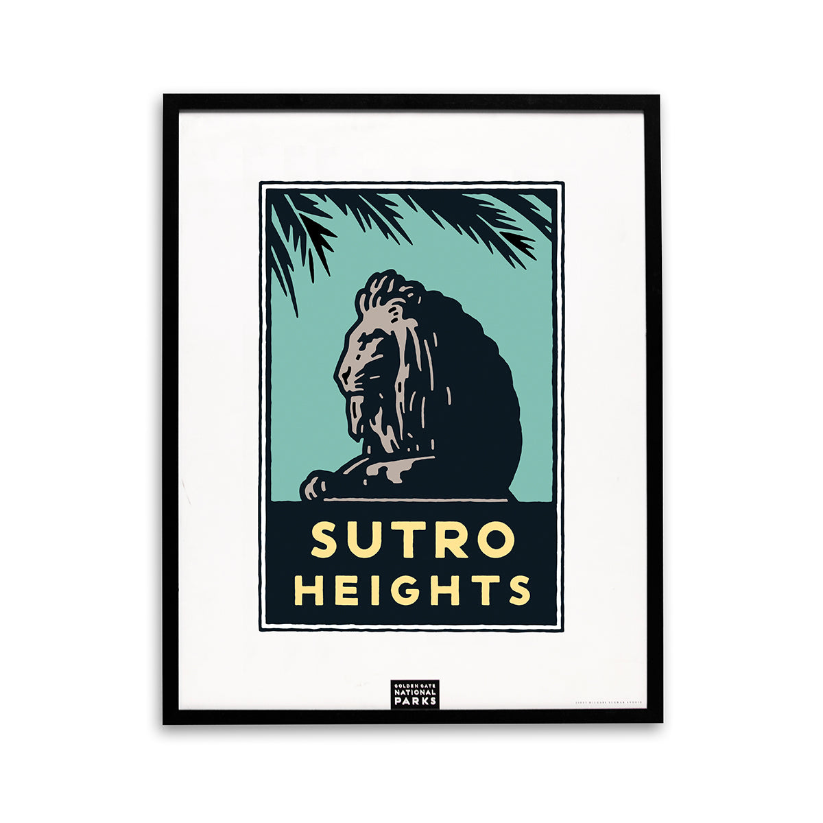 Framed 22 x 28 inch Sutro Heights silk-screened poster, art by Michael Schwab.