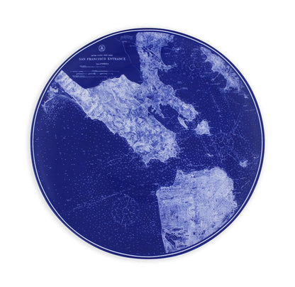 8.25 inch blue-and-white dessert plate, featuring delicately rendered topographic map of the San Francisco Bay Area.