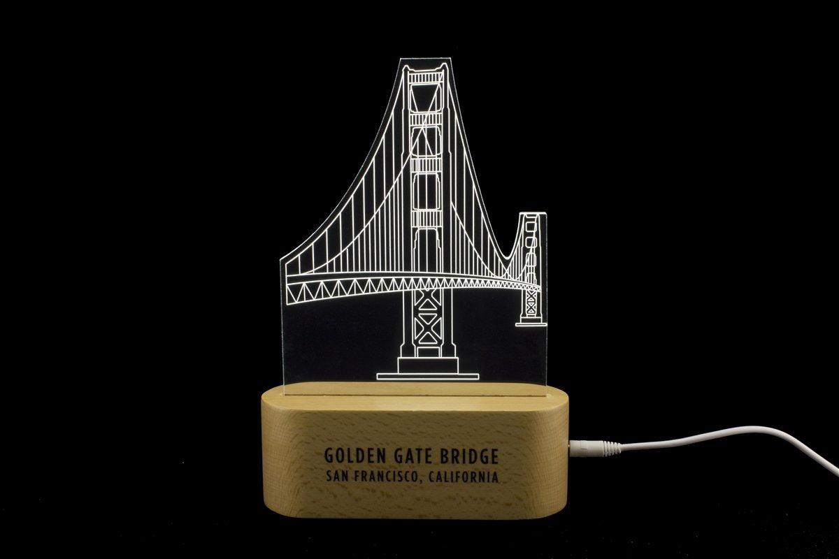 Golden Gate Bridge LED accent table lamp with USA beechwood base and two-color (red and white) settings.