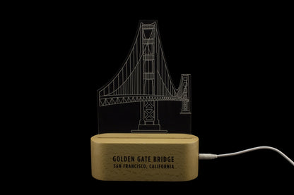 Golden Gate Bridge LED accent table lamp with USA beechwood base and two-color (red and white) settings.