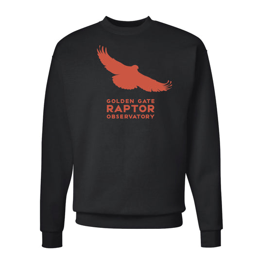 Golden Gate Raptor Observatory crewneck sweatshirt, black with orange screen-printed design of flying raptor on chest.