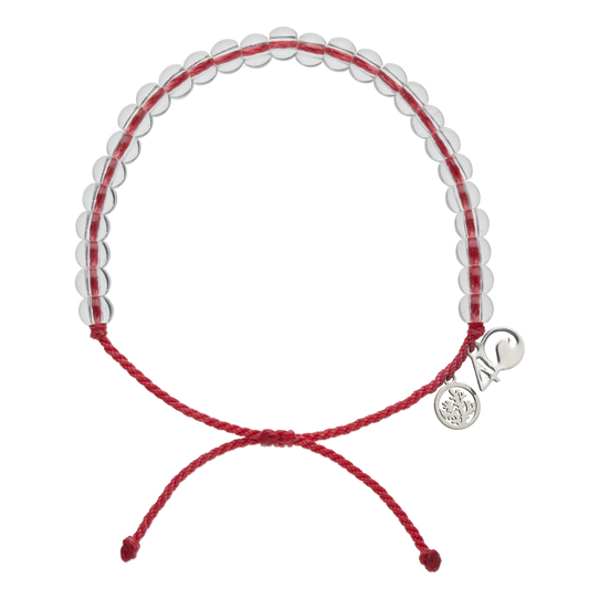 4Ocean Hawaiian Coral Reef Bracelet, with red recycled plastic cord, colorless recycled glass beads, and recycled steel metal charms. 