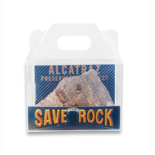 "Save the Rock" souvenir keepsake, featuring historical concrete "rock" from Alcatraz Island in plastic box.